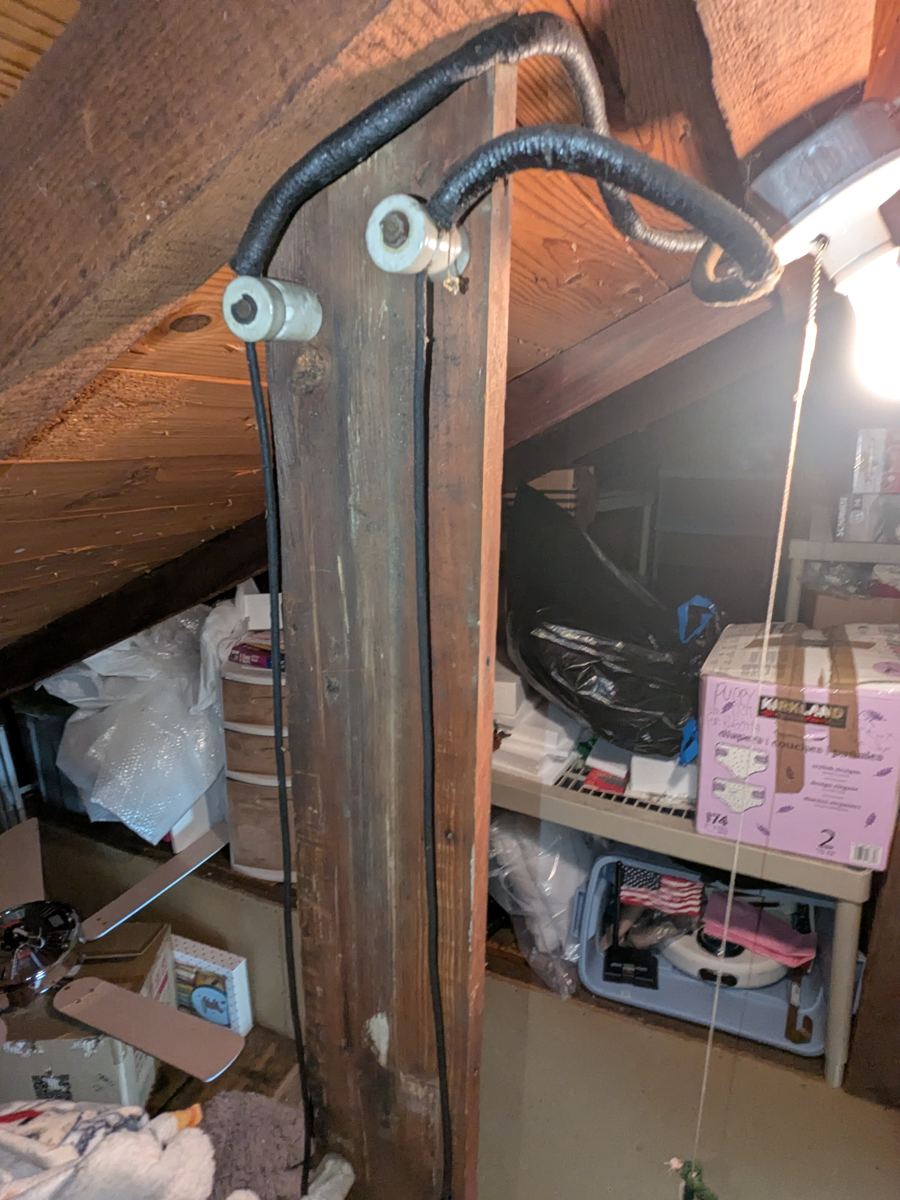 Knob-and-tube wiring in an older home attic